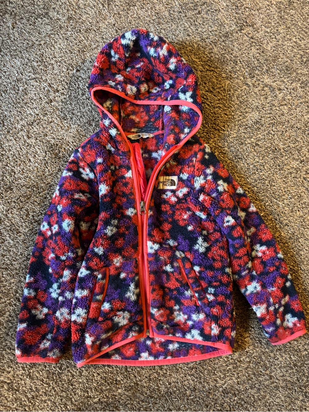 The North Face Girls' Red, Purple & Pink Floral Hooded Fleece Jacket